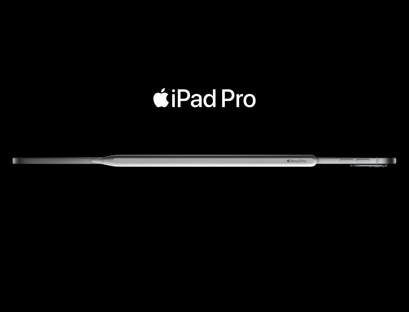 Horizontal side view of the iPad Pro M4 and Apple Pro Pencil to demonstrate that the iPad is thinner than the pencil.