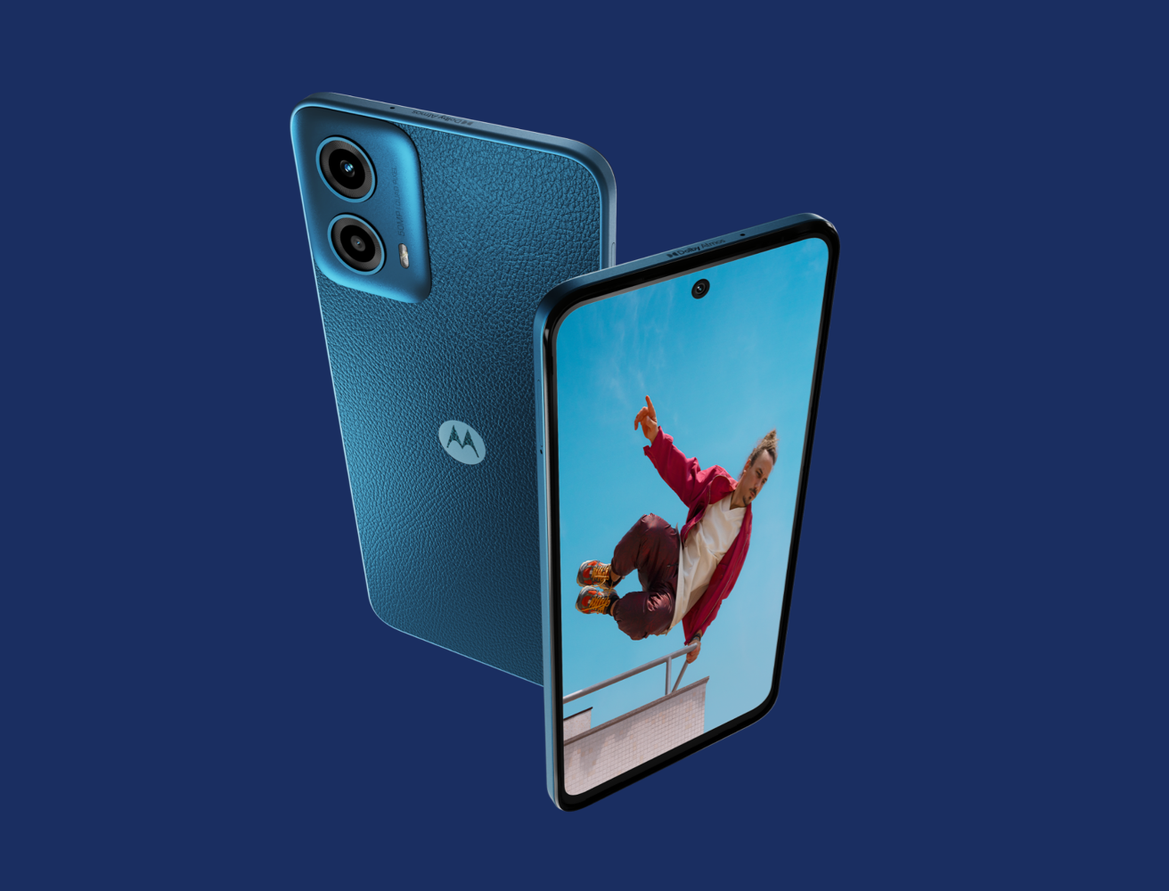Various angled images of Ocean Green Motorola G34 handset.